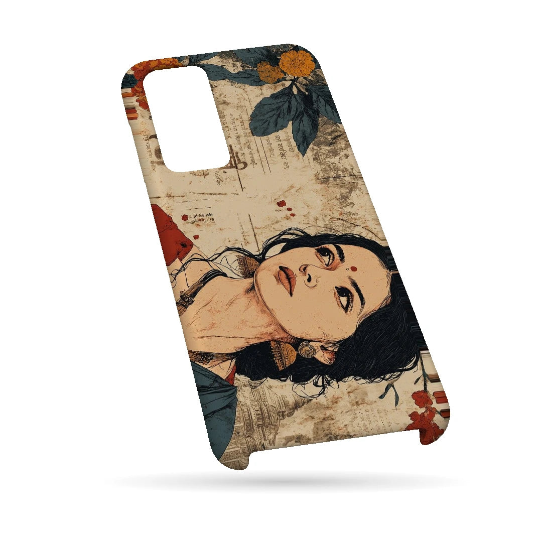 Vintage Floral Portrait 3D Print Samsung A13 5G Phone Case, bottom view; an illustrated woman surrounded by cream paper textures and orange flowers