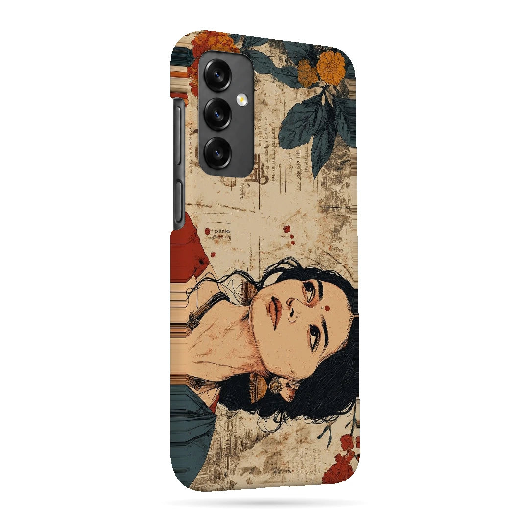 Vintage Floral Portrait 3D Print Samsung A13 5G Phone Case, right-side view; an illustrated woman surrounded by cream paper textures and orange flowers