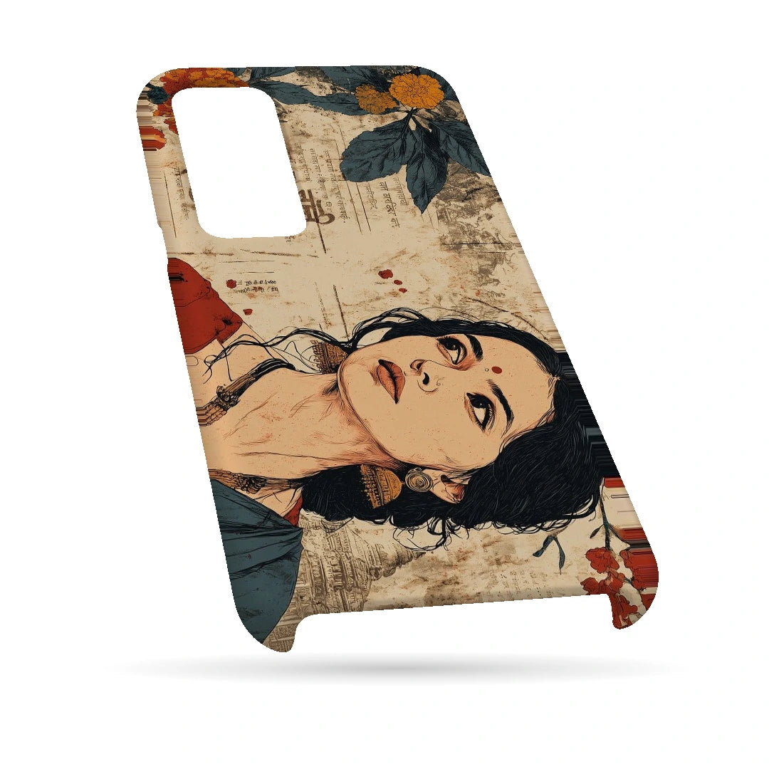 Vintage Floral Portrait 3D Print Samsung F13 Phone Case, bottom view; an illustrated woman surrounded by cream paper textures and orange flowers