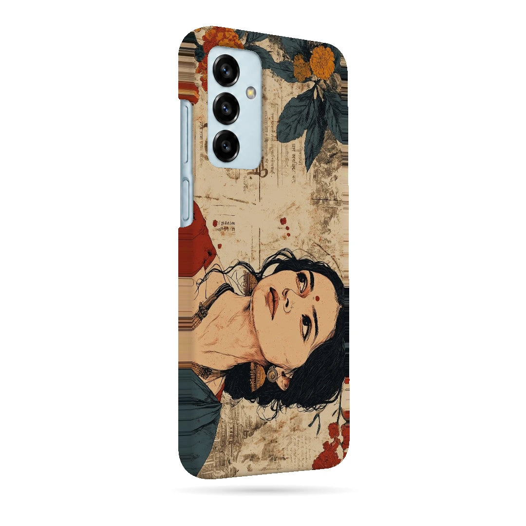 Vintage Floral Portrait 3D Print Samsung F13 Phone Case, right-side view; an illustrated woman surrounded by cream paper textures and orange flowers