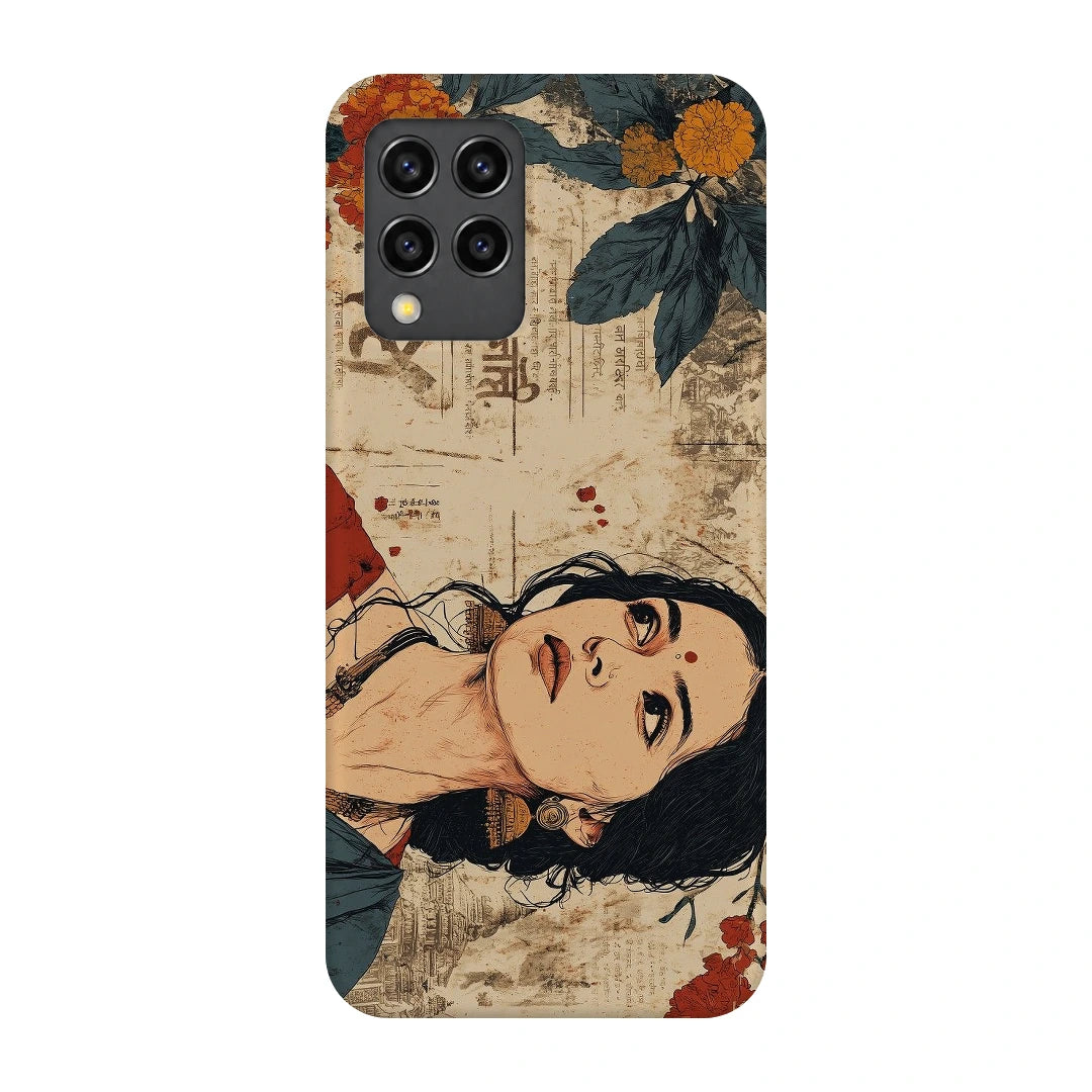 Vintage Floral Portrait 3D Print Samsung F62 Phone Case, back view; an illustrated woman surrounded by cream paper textures and orange flowers