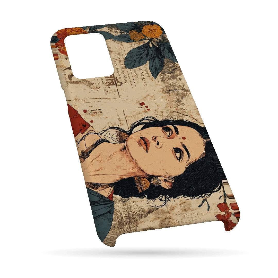 Vintage Floral Portrait 3D Print Samsung F62 Phone Case, bottom view; an illustrated woman surrounded by cream paper textures and orange flowers