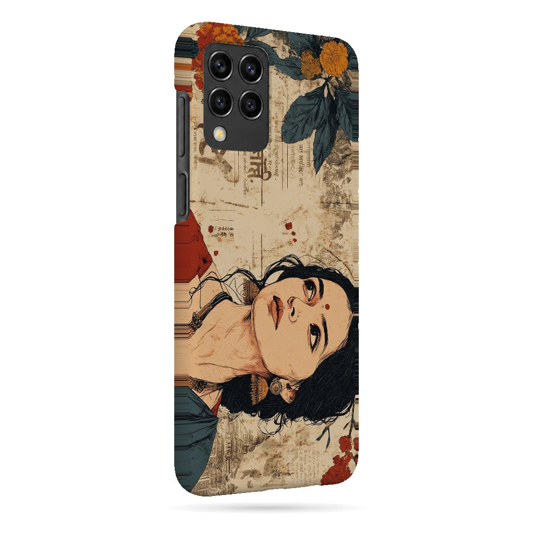 Vintage Floral Portrait 3D Print Samsung F62 Phone Case, right-side view; an illustrated woman surrounded by cream paper textures and orange flowers