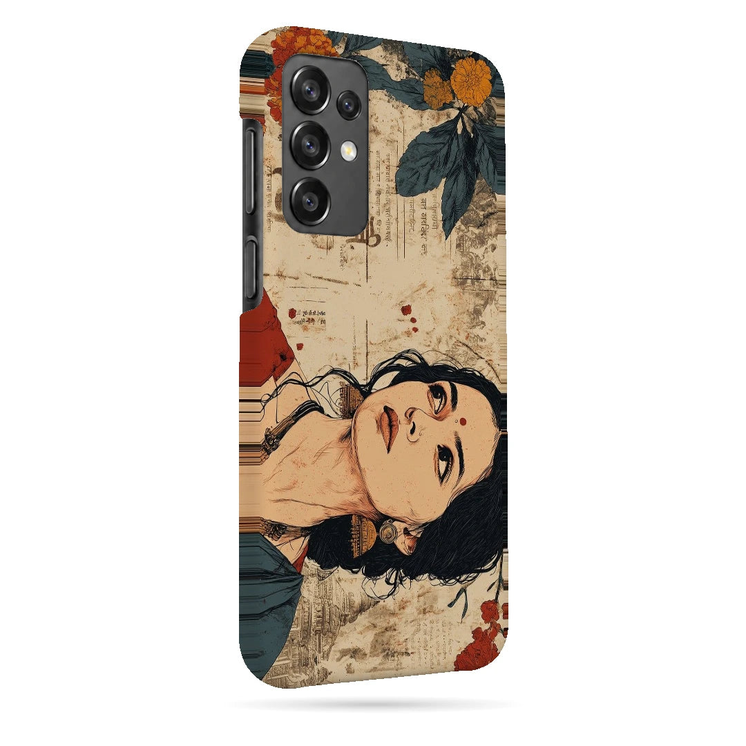 Vintage Floral Portrait 3D Print Samsung M32 5G Phone Case, right-side view; an illustrated woman surrounded by cream paper textures and orange flowers