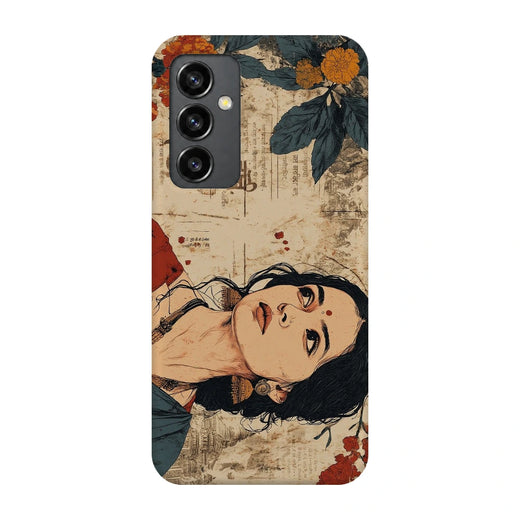 Vintage Floral Portrait 3D Print Samsung S23 FE Phone Case, back view; an illustrated woman surrounded by cream paper textures and orange flowers