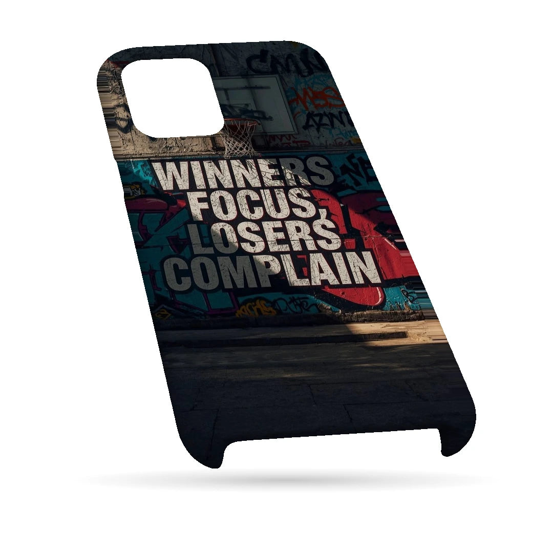 Winners Focus Quote 3D Print iPhone 13 Phone Case, bottom view; bold Winners Focus Losers Complain lettering over dark graffiti-style artwork