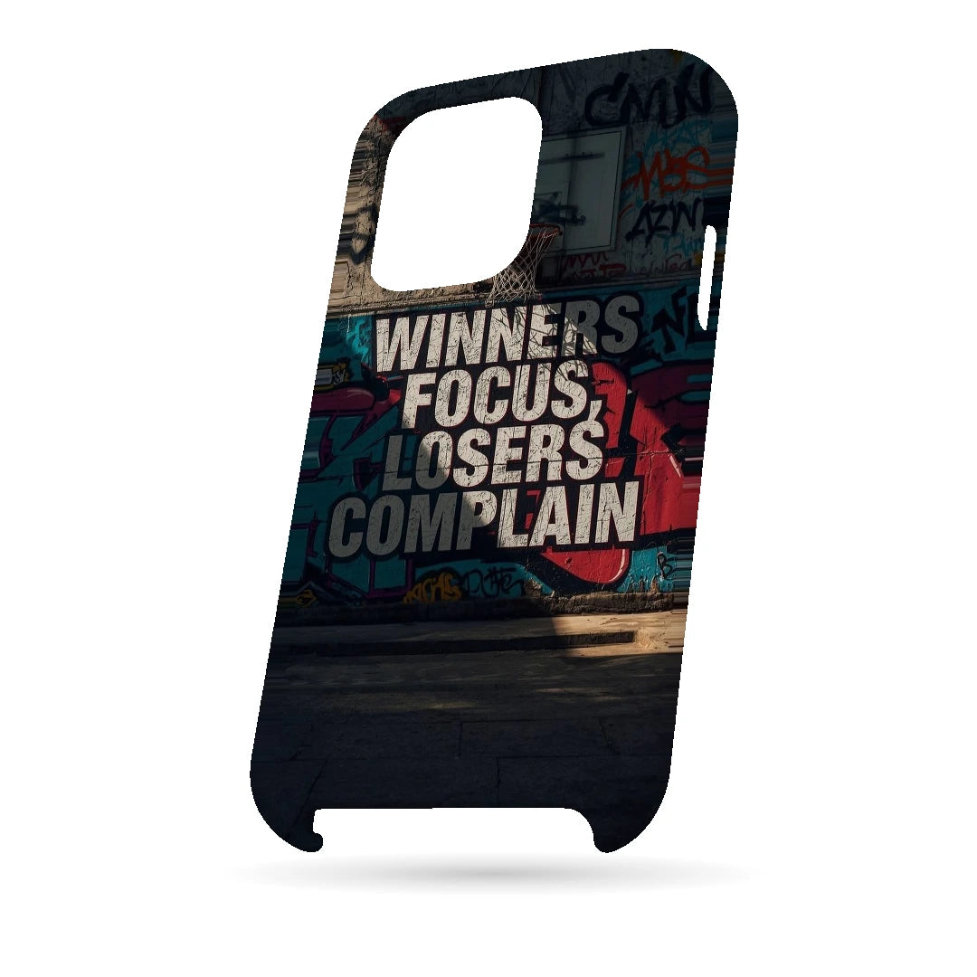 Winners Focus Quote 3D Print iPhone 14 Pro Phone Case, bottom view; bold Winners Focus Losers Complain lettering over dark graffiti-style artwork