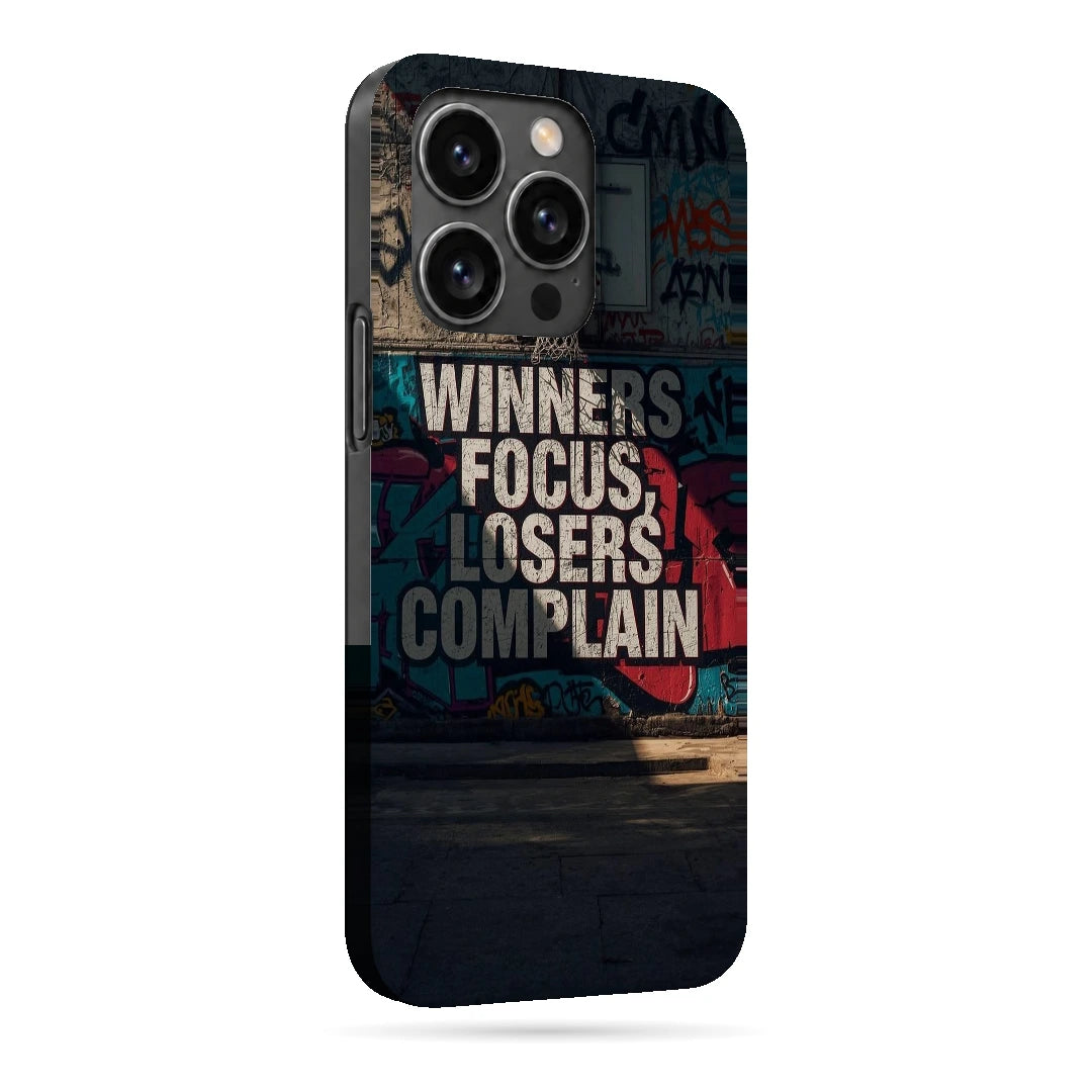 Winners Focus Quote 3D Print iPhone 14 Pro Phone Case, right-side view; bold Winners Focus Losers Complain lettering over dark graffiti-style artwork