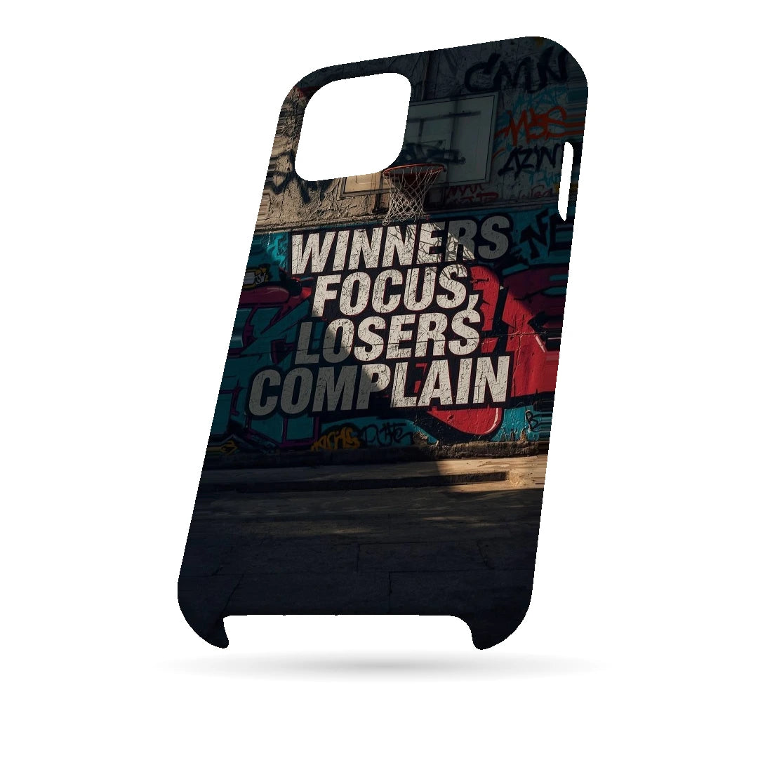 Winners Focus Quote 3D Print iPhone 15 Plus Phone Case, bottom view; bold Winners Focus Losers Complain lettering over dark graffiti-style artwork
