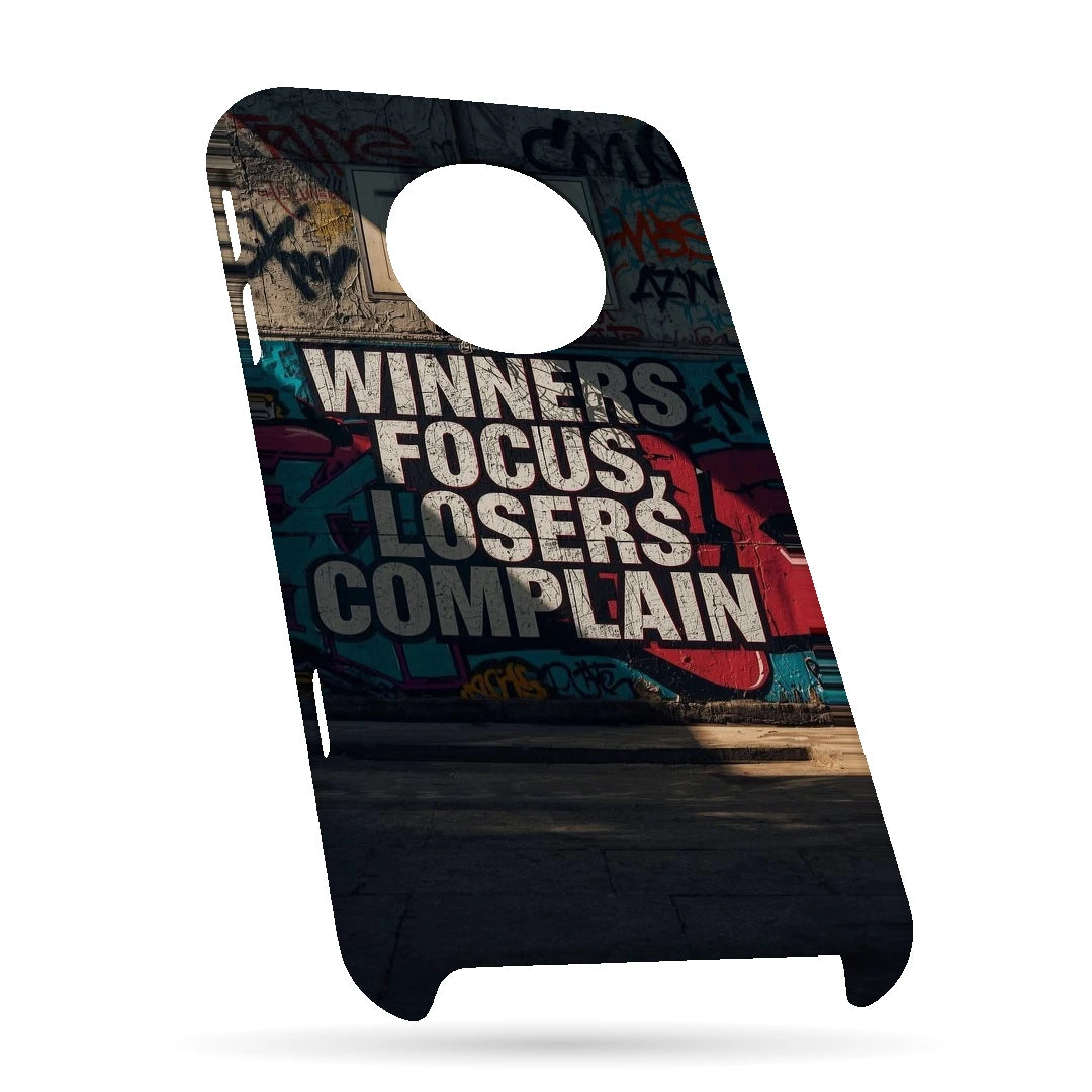 Winners Focus Quote 3D Print OnePlus 7T Phone Case, bottom view; bold Winners Focus Losers Complain lettering over dark graffiti-style artwork