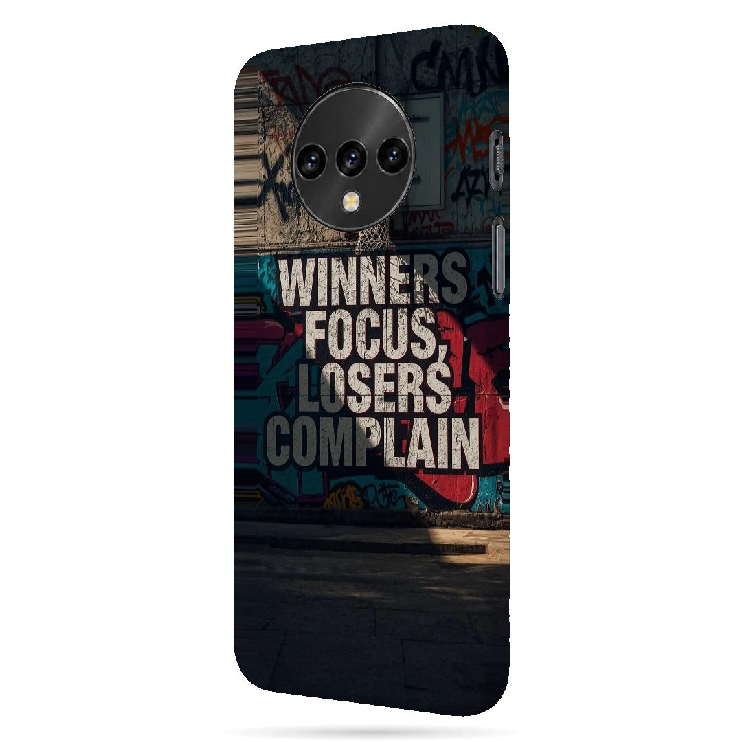 Winners Focus Quote 3D Print OnePlus 7T Phone Case, right-side view; bold Winners Focus Losers Complain lettering over dark graffiti-style artwork