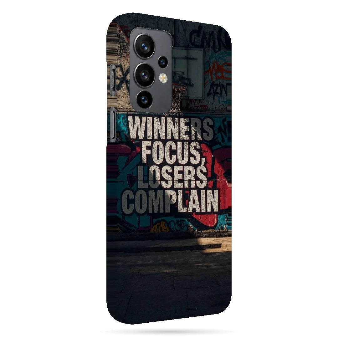 Winners Focus Quote 3D Print OnePlus 9 Phone Case, right-side view; bold Winners Focus Losers Complain lettering over dark graffiti-style artwork