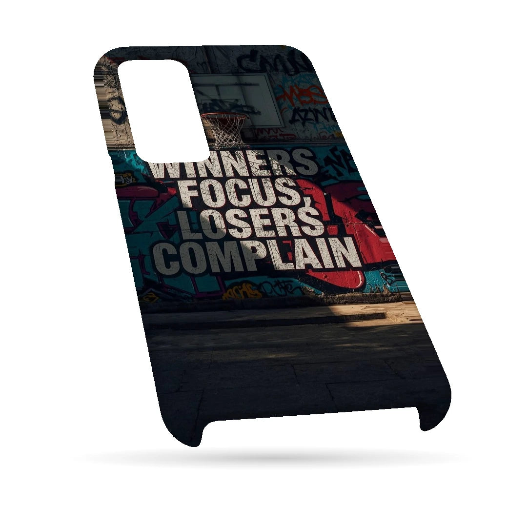 Winners Focus Quote 3D Print Samsung F13 Phone Case, bottom view; bold Winners Focus Losers Complain lettering over dark graffiti-style artwork