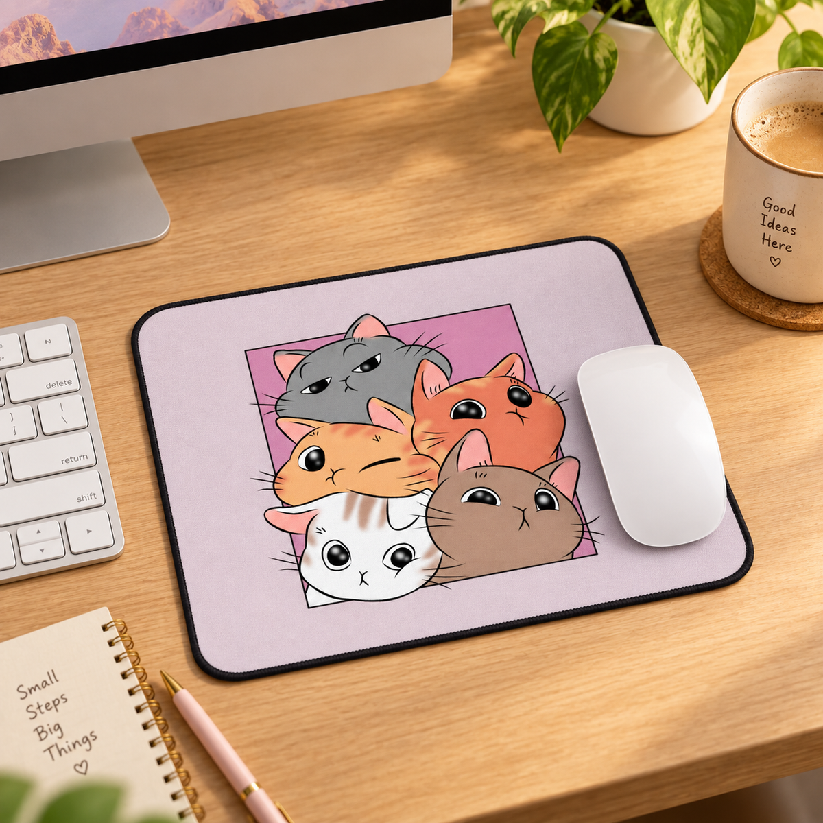 Pastel Cat Squad Aesthetic Mouse Pad - desk setup view