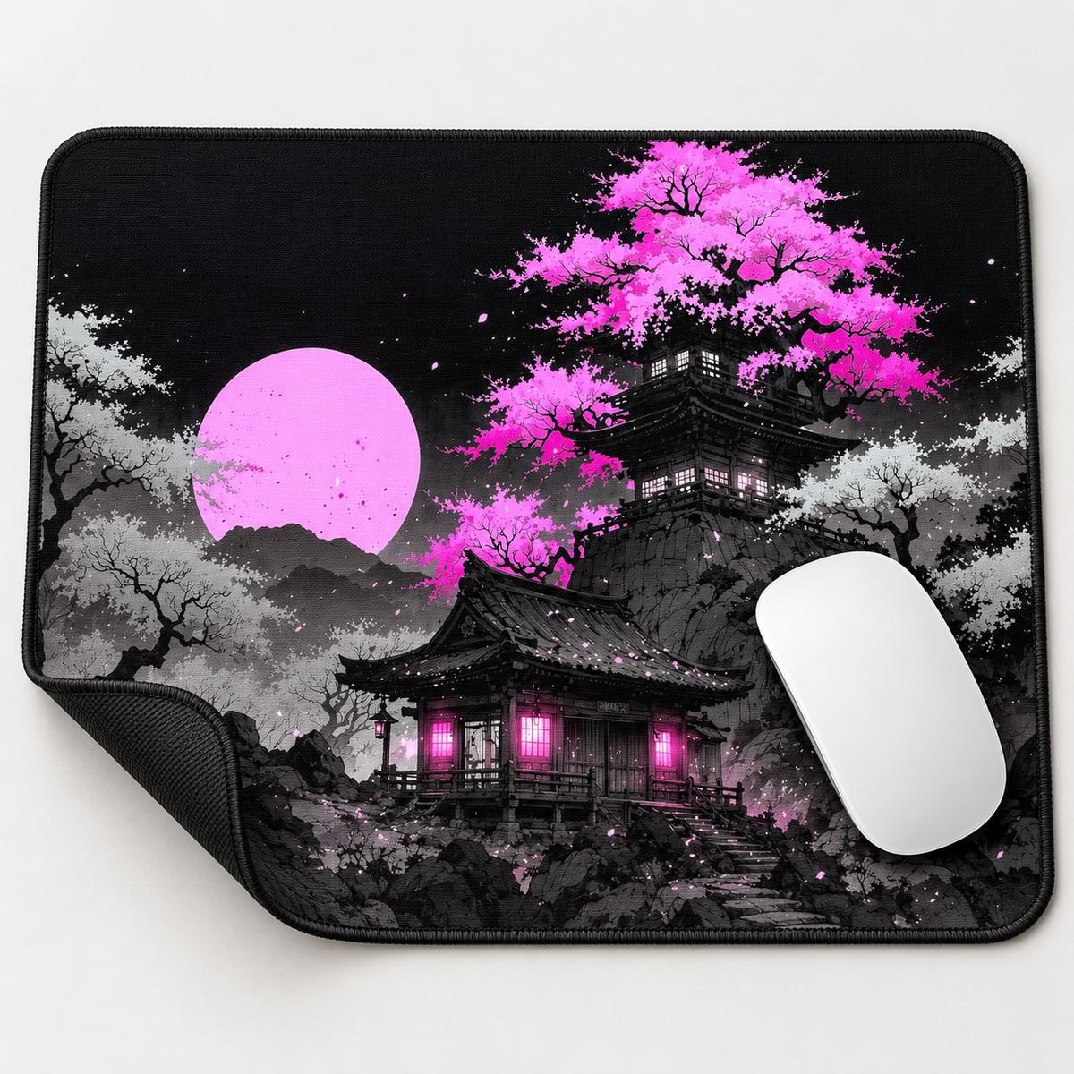 Pink Moon Temple Aesthetic Mouse Pad - full design view