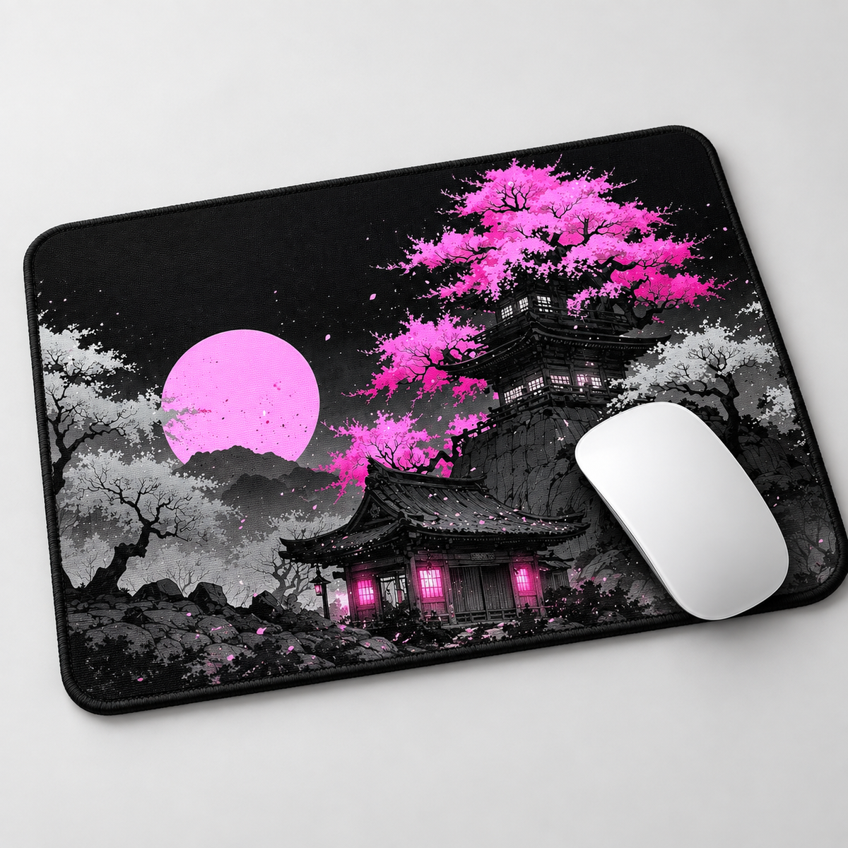 Pink Moon Temple Aesthetic Mouse Pad - desk mockup view