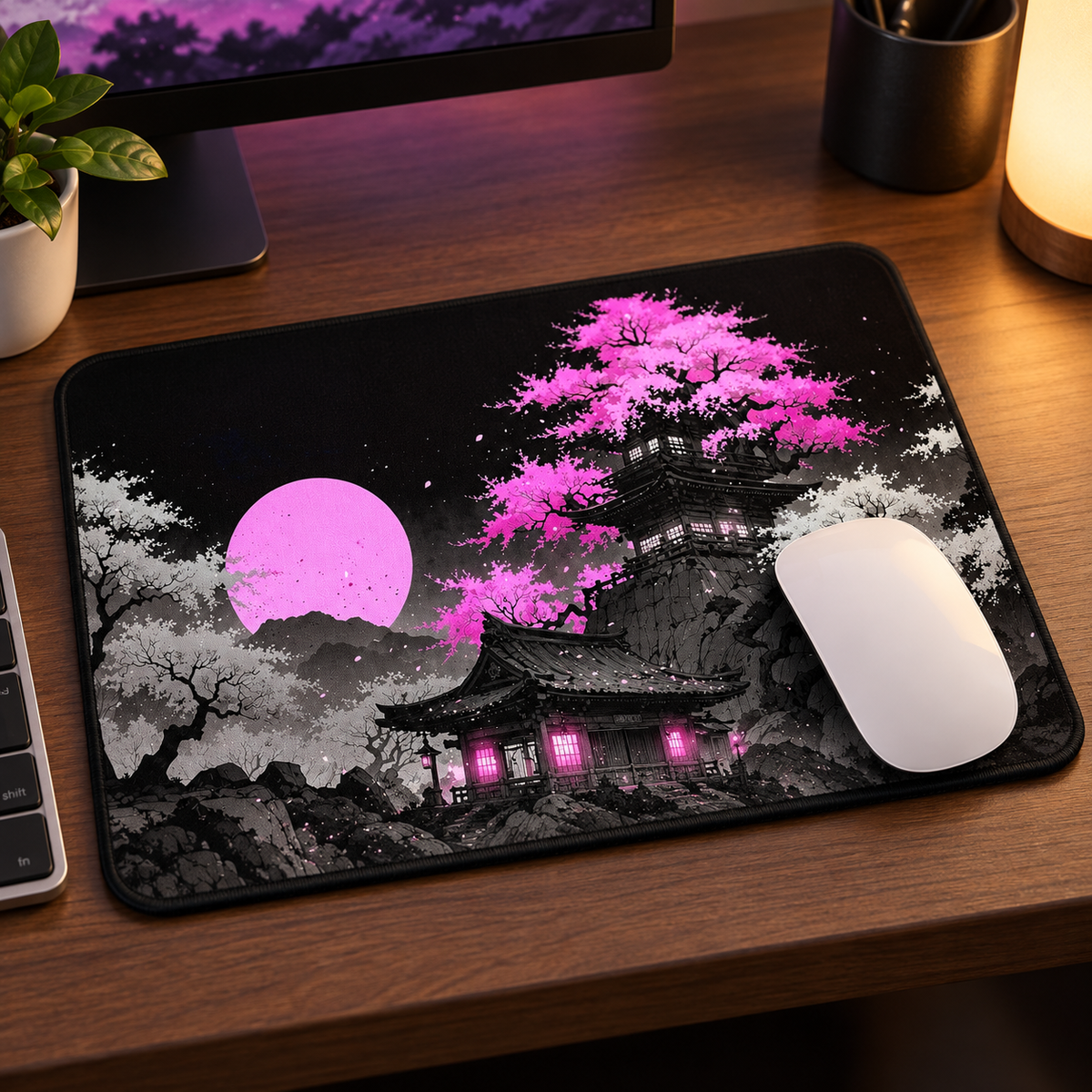 Pink Moon Temple Aesthetic Mouse Pad - close-up artwork view